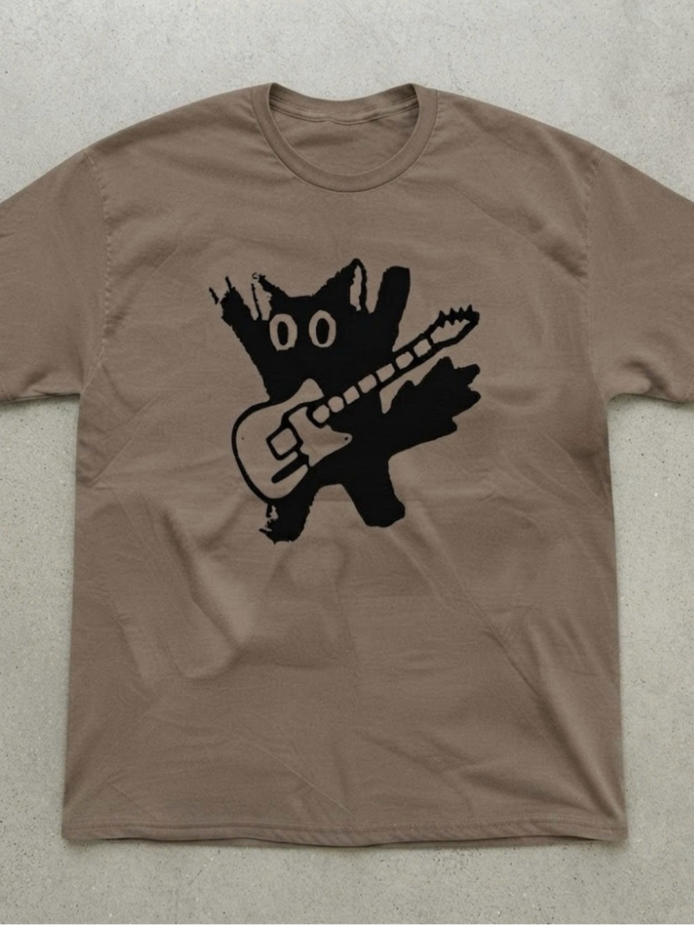 Guitar Cat Graphic Print Brown Cotton Gildan T-Shirt